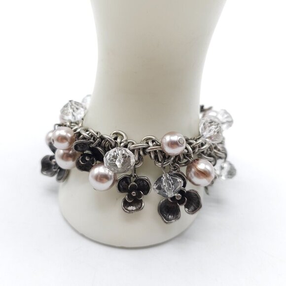 Vintage Silver Tone Charm Flower Bracelet With Faux Pearl Crystal Cha Cha - Picture 1 of 5